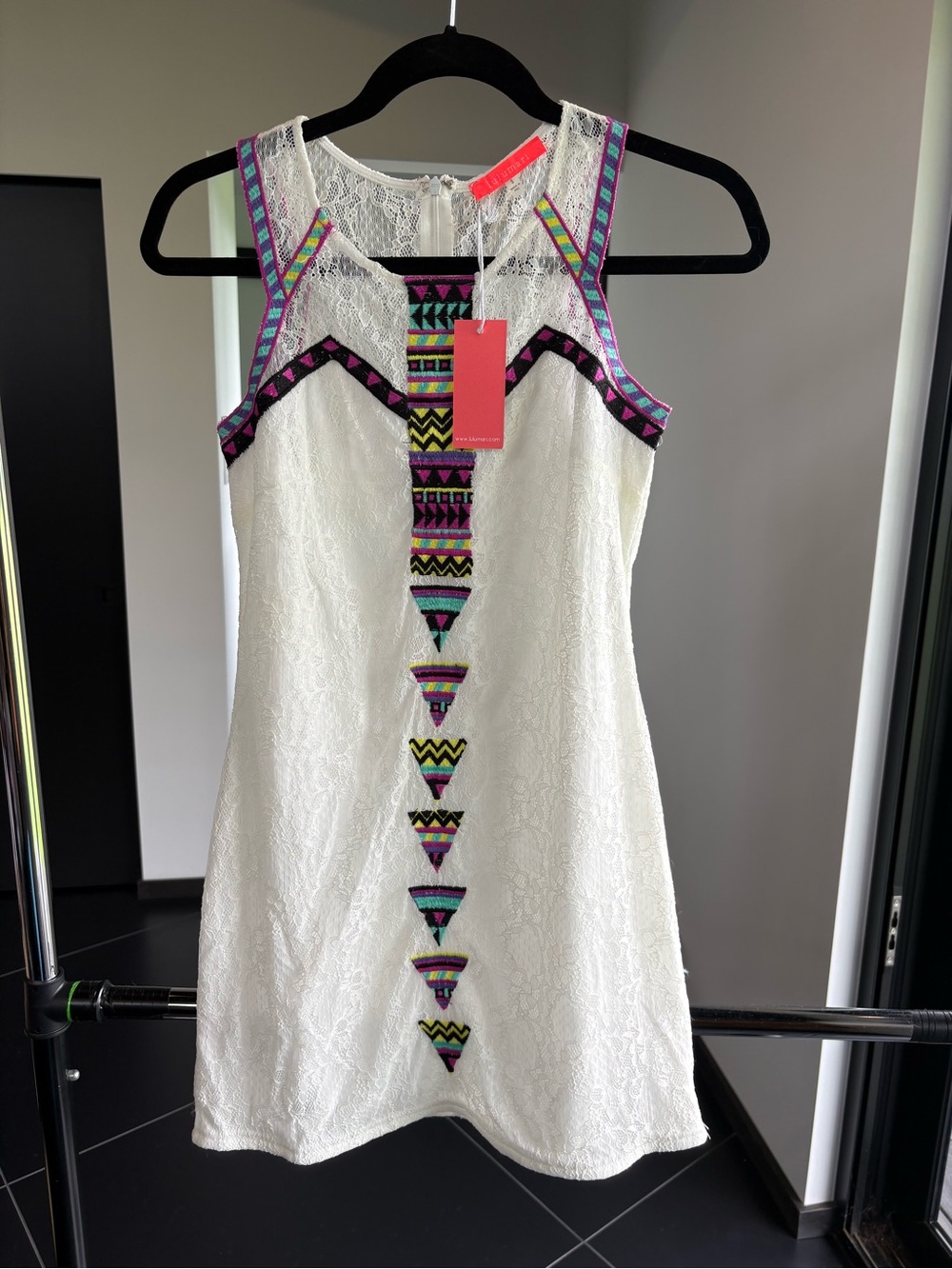 Lulumari White Lace Mini Dress with Neon Tribal Trim